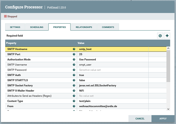 Konfigurationsseite PutEmail-Prozessor